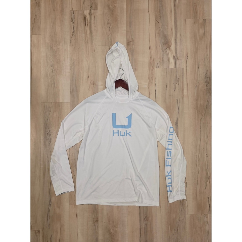 Huk Pursuit Fishing Hoodie Mens Medium White Blue Logo Long Sleeve Sun Shirt